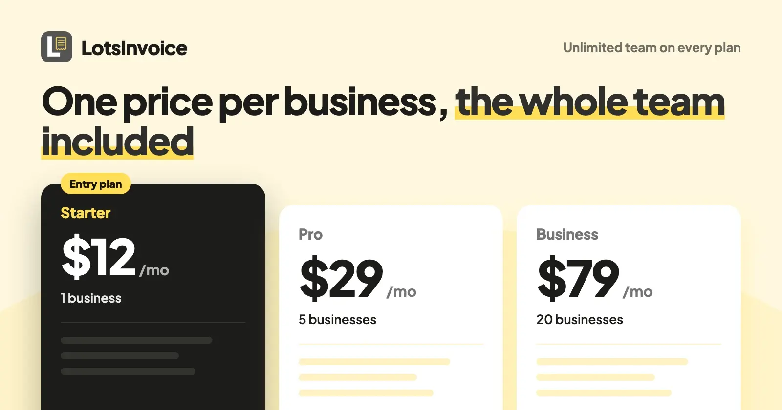 LotsInvoice Pricing Explained: One Price per Business, the Whole Team Included
